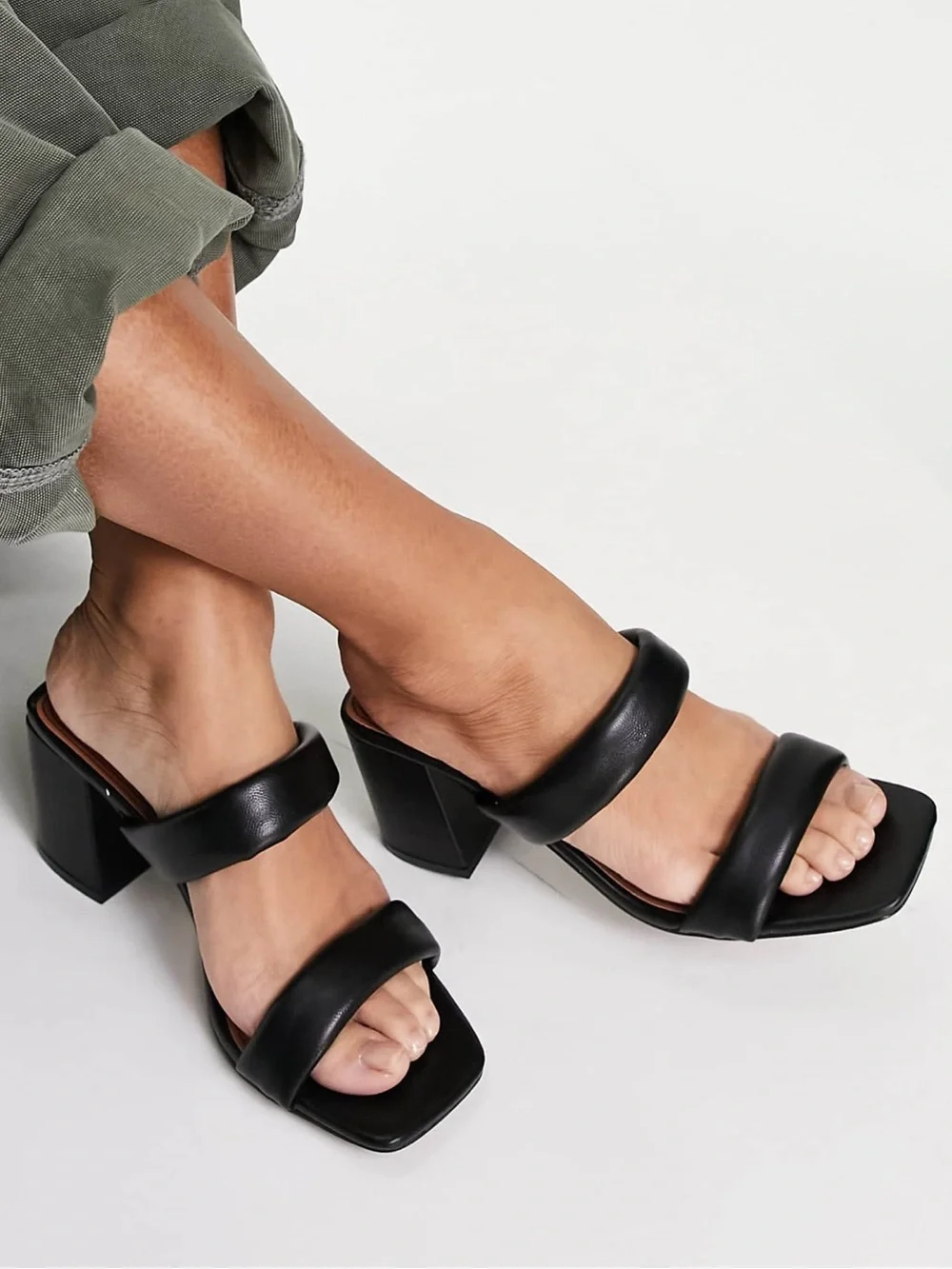 Black Padded Mid Heel Mules